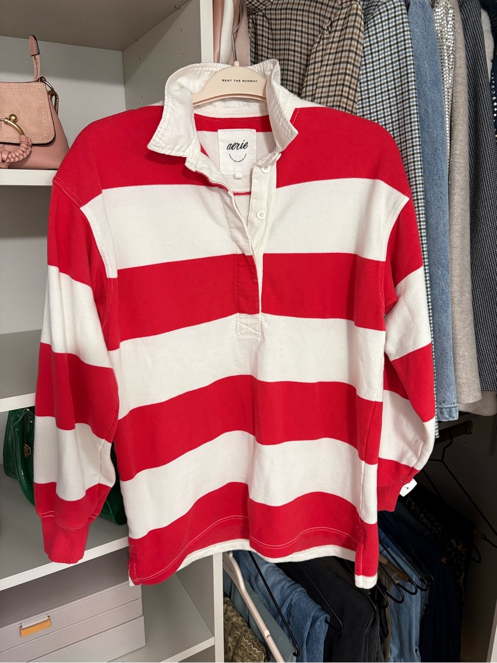 Aerie Red and White Striped Rugby Pullover